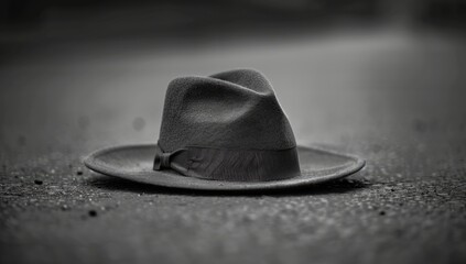 Abandoned fedora on asphalt road, monochrome; mystery, loss, memory