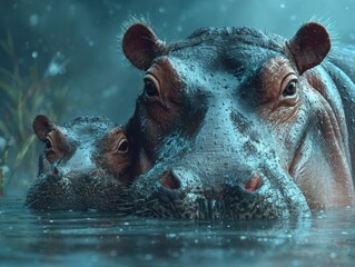 Fototapeta premium Hippos basking in a serene water habitat while a young calf stays close to its parent during a misty evening