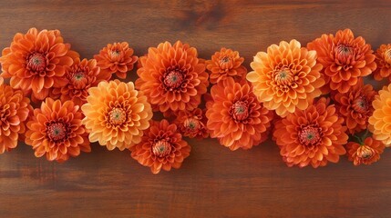 A rustic dark wood background provides the setting for vibrant orange autumn flowers