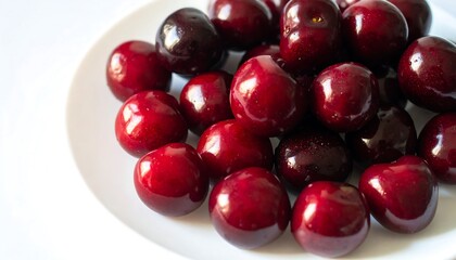Pile of plump, ruby-red cherries on a white plate, glistening under bright light showcasing its