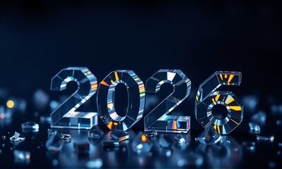Shimmering, faceted numbers representing the year 2026 rise from a base of scattered, broken glass fragments on a dark, reflective surface.