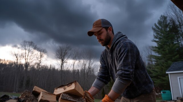A man arranging firewood under a moody sky, outdoor scene. He's focused on his task.