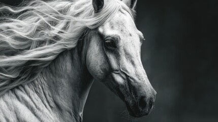 Stunning portrait of a white horse with flowing mane in dramatic black and white setting