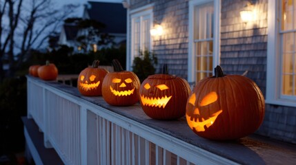 Fototapeta premium Spooky pumpkins on a porch railing, lit up for Halloween at night