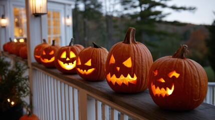 Obraz premium A row of carved pumpkins lit up for the Halloween season. The carved pumpkins with faces of different expressions are sitting on a porch. Warm, inviting, and festive.
