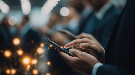 Professionals engaged with smartphones during a networking event in an indoor venue