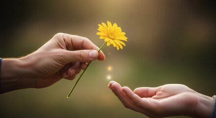 A hand offering a single yellow daisy flower to another hand in a soft blurred background scene