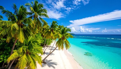 Idyllic tropical beach paradise with palm trees and turquoise ocean view