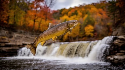 A salmon leaps gracefully in a scenic natural cascade, showcasing the beauty of nature. The autumn foliage adds warmth to the environment.