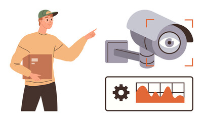 Person holding package pointing at CCTV camera, emphasizing surveillance and security. Nearby, performance analytics dashboard tracks activity. Ideal for logistics, safety, observation, security