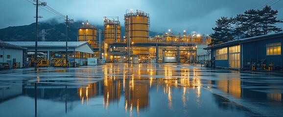 Fototapeta premium Illuminated industrial complex reflects in wet ground at dusk, near mountains
