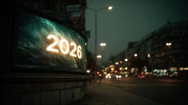 A poster with a nebulous design with the number 2026 shining in gold in the center, on a wall positioned on the far left in a city street scene with a blurred background of urban life