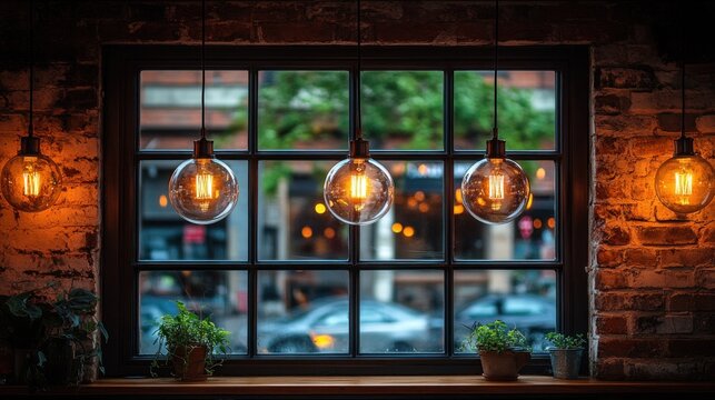 Warm-lit Edison bulbs hang before a window, showcasing a blurred street scene. Plants flank the windowsill