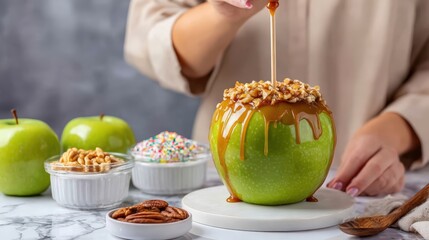 A person drizzling caramel on top of a caramel apple, with other ingredients in the foreground, perfect for a treat or a dessert