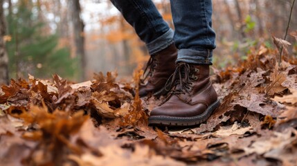 Fototapeta premium A person wearing boots standing in a pile of autumn leaves, enjoying the beauty of nature. The warm hues of brown leaves and boots make a perfect match.