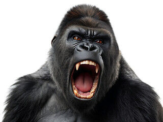 A close up shot of a gorilla with its mouth open showing teeth and an angry expression on a white background