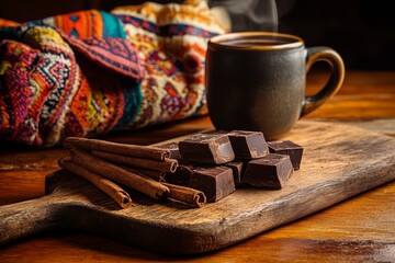 On a wooden table, traditional Mexican chocolate and an array of spices are set out