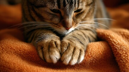 A close-up shot of a striped cat resting its paws, showing tranquility and comfort. It is seen resting on an orange blanket