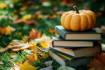 Books are a significant part of autumn, with a focus on Halloween reading and cozy autumnal literature, often depicted with a stack of books and pumpkins in a seasonal garden setting, which fosters a