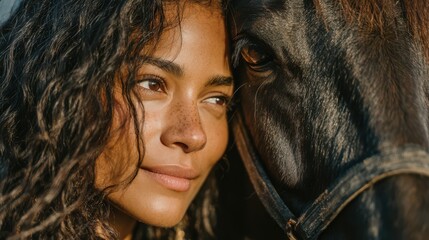 Portrait of a woman with curly hair lovingly interacting with a horse during sunset