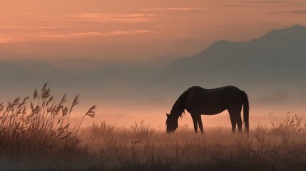 Fototapeta premium Majestic horse grazing in a misty meadow at dawn surrounded by gentle hills and soft light