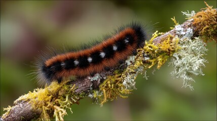 Fototapeta premium A close-up view of a vibrant caterpillar resting on a moss-covered branch, revealing intricate details.