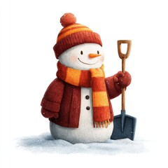Smiling snowman with a shovel in winter snow wearing a bright scarf and hat