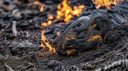 Lava flow creates glowing patterns in volcanic landscape during nighttime eruption event