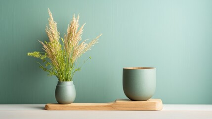 Dried flowers in vase and teal pot on wooden tray against muted green wall