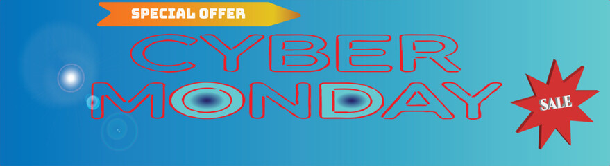 Obraz premium Cyber Monday discount starburst sale announcement with glowing text on blue gradient background