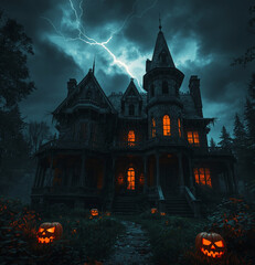Spooky haunted mansion with lightning and glowing pumpkins perfect for Halloween themes