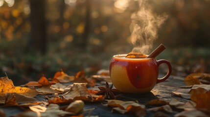 A wooden table holds a mug of hot apple cider, along with cinnamon sticks, apples, and autumn leaves