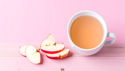 Apple Slices with Tea on Pastel Pink Background
