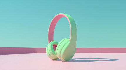 Colorful headphones placed on a pastel surface under a blue sky in bright daylight