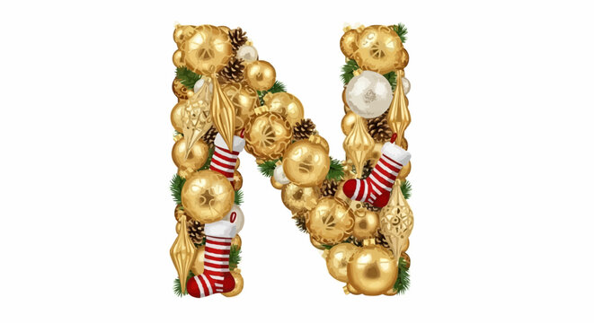 Alphabet letters in the christmas theme christmas vector christmas letter n ornaments holiday decorations festive season celebration gold balls pine cones stockings