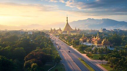 Scenic Naypyidaw city view under golden sunset high resolution picture