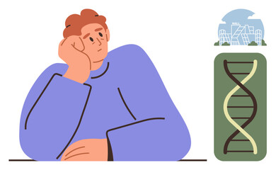 Person lost in thought beside DNA helix and futuristic cityscape. Ideal for science, innovation, genetics, research, education, future aspirations, biotechnology. Simple flat metaphor