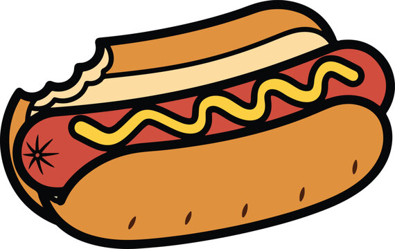A simplified colorful cartoon drawing of a hot dog with mustard and a bite taken out.