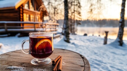 Steaming hot traditional Finnish glögi mulled wine in a glass mug, topped with a cinnamon stick and an orange slice, is set on a wooden table in a cozy, wintery cabin in Finland