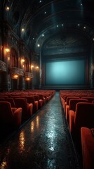 Elegant vintage theater interior with red seats and a large projection screen in a dimly lit atmosphere
