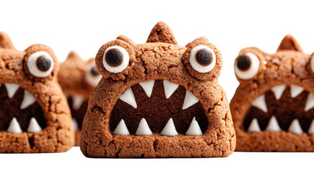 Toothed monsters of cookies close-up for Halloween isolated on a white background