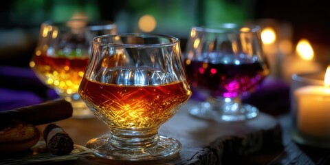 Elegant display of colorful drinks with candles and cigars in a dimly lit lounge