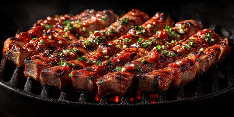 Grilled meat prepared on a barbecue with savory glaze and herbs during a summer evening cookout