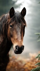 Brown horse standing in a misty forest with soft focus on surrounding trees and ground during early morning hours