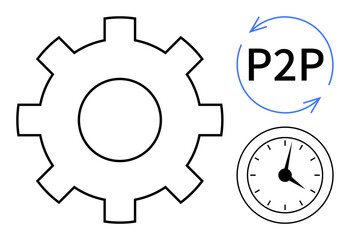 Gear symbol with clock and P2P arrows visualizing process, efficiency, collaboration. Ideal for time management, workflow optimization, peer connectivity, innovation, operations networking. Simple