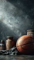 Rustic basketball and wooden vases arranged against a textured dark wall in an artistic display indoors