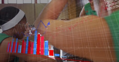 Coach calling timeout and tapping tablet, showing holographic basketball bar graphs analyzing stats - Powered by Adobe