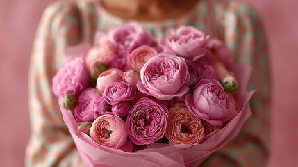 Perfectly arranged bouquet of pink flowers held by a person with delicate patterns in the background