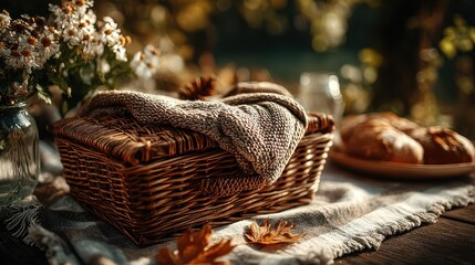 Beautiful picnic setup with wicker basket and baked goods during autumn afternoon