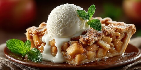 Delicious apple pie served with ice cream and mint leaves on a wooden table in a cozy kitchen